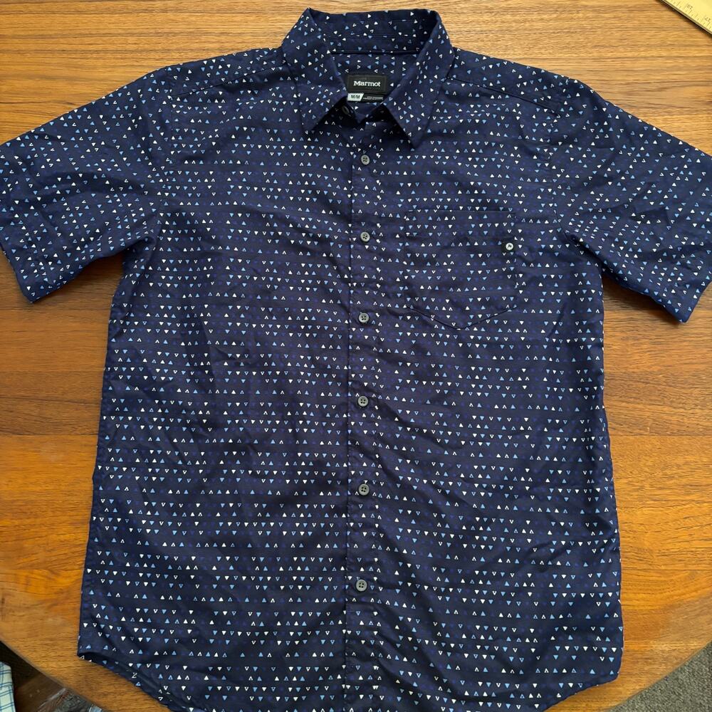 Marmot Men's Blue print short sleeve button down shirt size medium